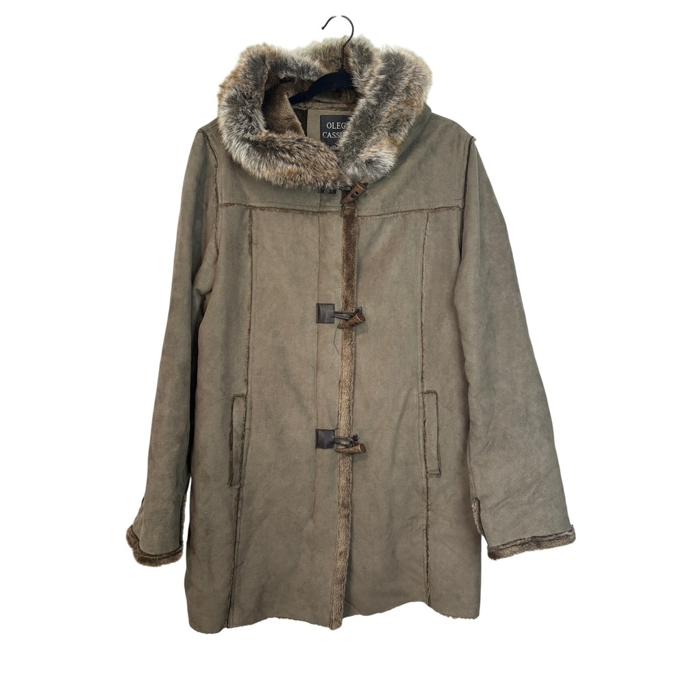 Oleg Cassini Faux Suede Toggle Coat Green Faux Fur Lined Hooded Parka Size L